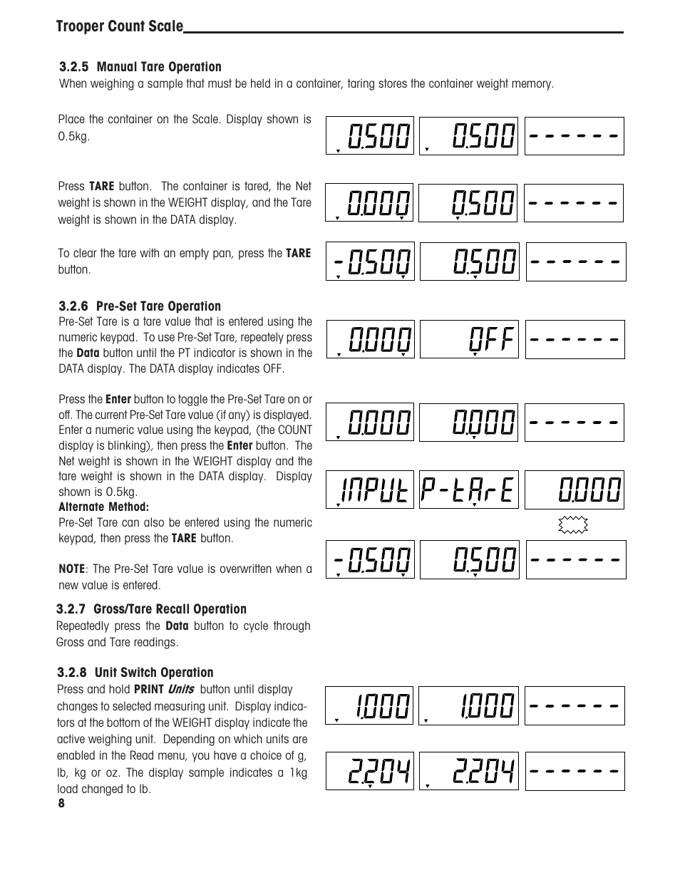 Trooper count scale, 7 gross/tare recall operation, 6 pre-set tare operation | 8 unit switch operation, 5 manual tare operation | Ohaus TROOPER COMPACT COUNTING SCALES Manual multi User Manual | Page 12 / 104