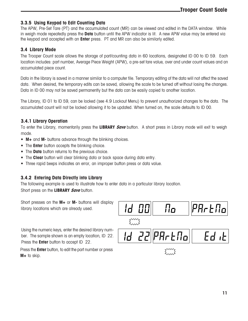 Trooper count scale, 4 library mode, 2 entering data directly into library | 5 using keypad to edit counting data, 1 library operation | Ohaus TROOPER COMPACT COUNTING SCALES Manual multi User Manual | Page 15 / 104