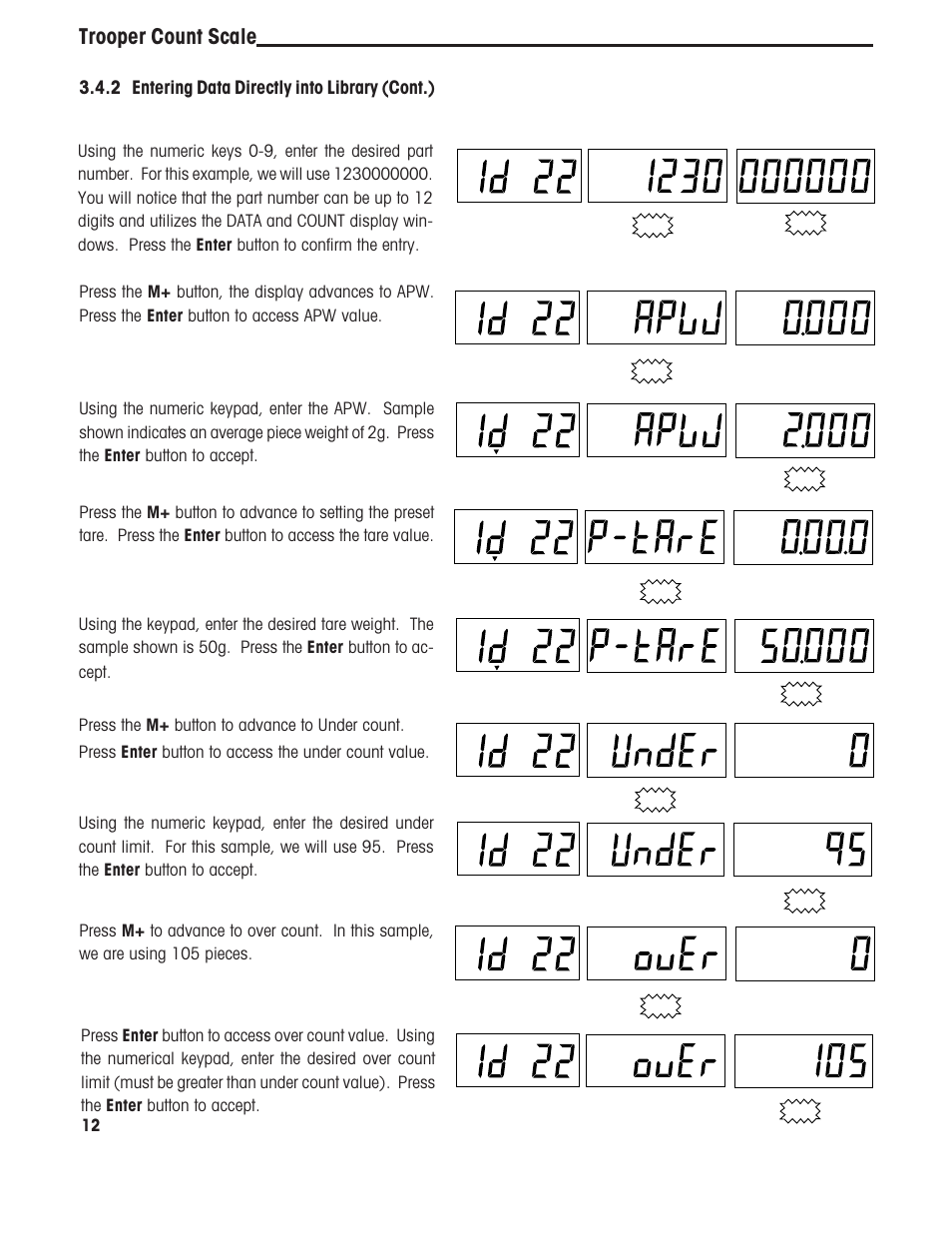 Trooper count scale, 2 entering data directly into library (cont.) | Ohaus TROOPER COMPACT COUNTING SCALES Manual multi User Manual | Page 16 / 104