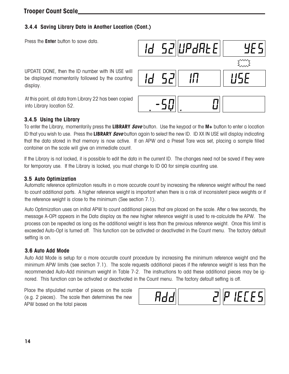 Trooper count scale, 5 auto optimization, 4 saving library data in another location (cont.) | 6 auto add mode, 5 using the library | Ohaus TROOPER COMPACT COUNTING SCALES Manual multi User Manual | Page 18 / 104
