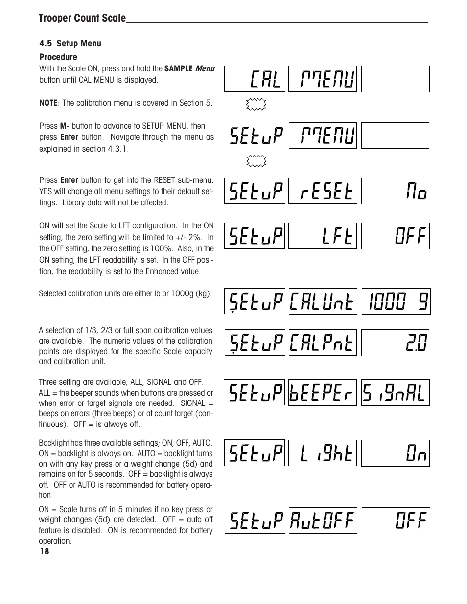 Trooper count scale, 5 setup menu procedure | Ohaus TROOPER COMPACT COUNTING SCALES Manual multi User Manual | Page 22 / 104