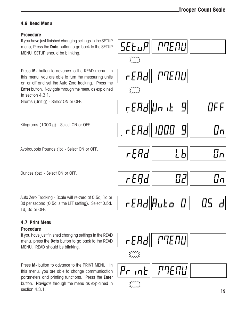 Trooper count scale, Procedure, 6 read menu | 7 print menu | Ohaus TROOPER COMPACT COUNTING SCALES Manual multi User Manual | Page 23 / 104