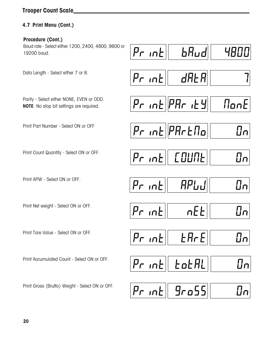 Trooper count scale, Procedure (cont.), 7 print menu (cont.) | Ohaus TROOPER COMPACT COUNTING SCALES Manual multi User Manual | Page 24 / 104