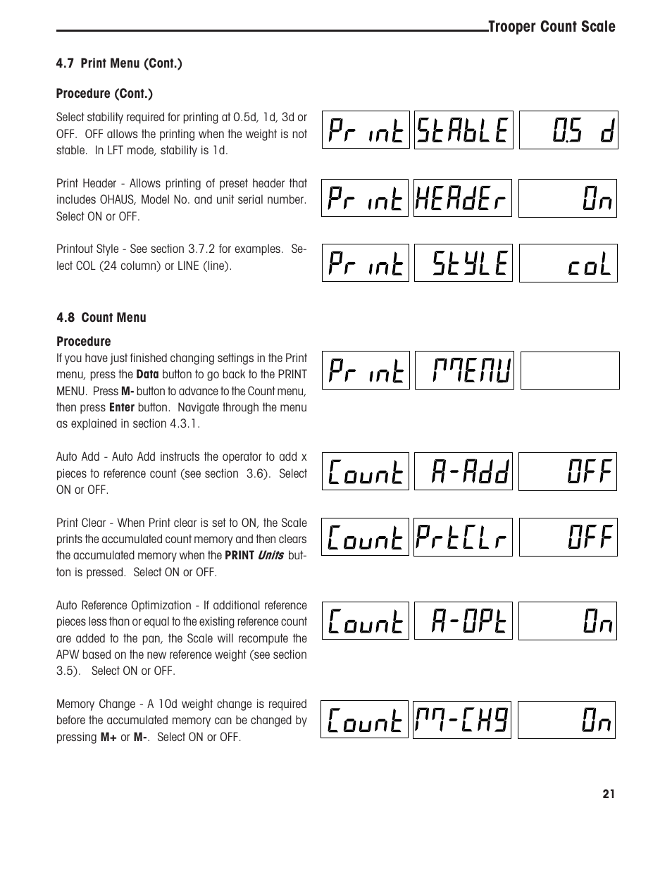Trooper count scale, 7 print menu (cont.), 8 count menu procedure | Procedure (cont.) | Ohaus TROOPER COMPACT COUNTING SCALES Manual multi User Manual | Page 25 / 104