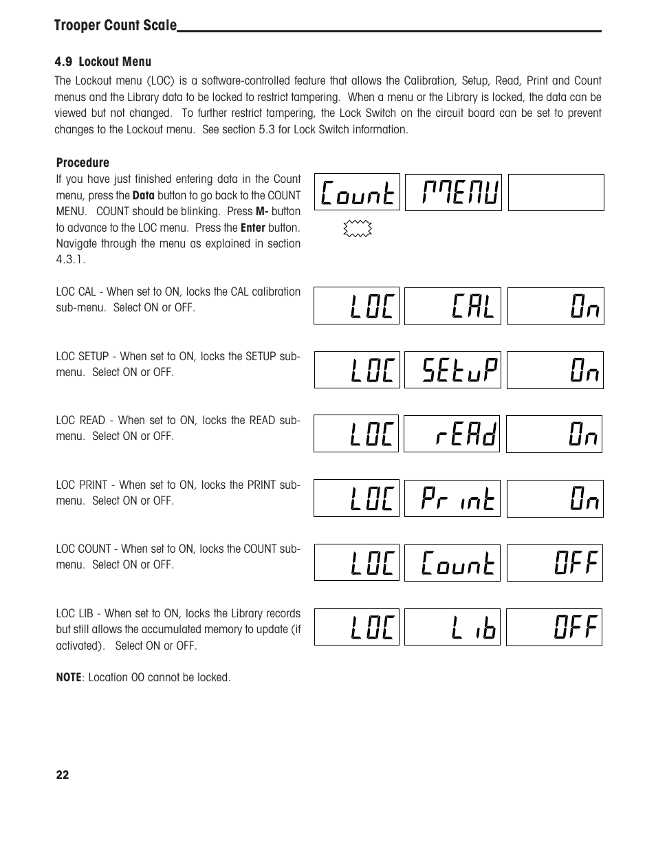 Trooper count scale, Procedure, 9 lockout menu | Ohaus TROOPER COMPACT COUNTING SCALES Manual multi User Manual | Page 26 / 104