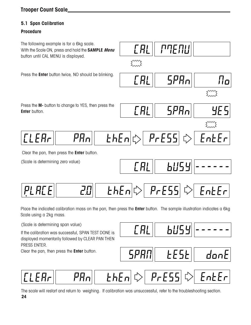 Trooper count scale, Procedure, 1 span calibration | Scale is determining span value) | Ohaus TROOPER COMPACT COUNTING SCALES Manual multi User Manual | Page 28 / 104