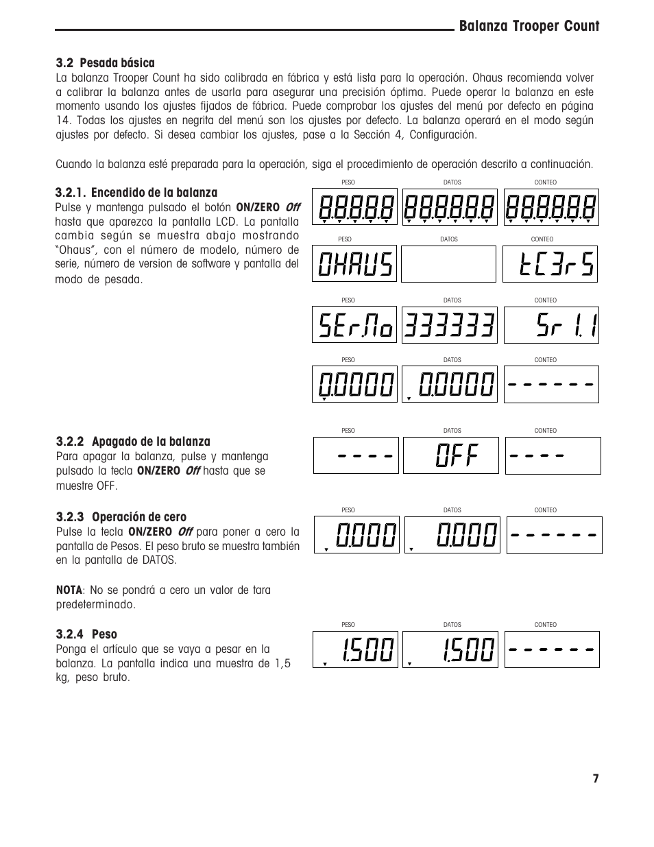 Balanza trooper count, 2 pesada básica, Encendido de la balanza | 2 apagado de la balanza, 3 operación de cero, 4 peso | Ohaus TROOPER COMPACT COUNTING SCALES Manual multi User Manual | Page 44 / 104
