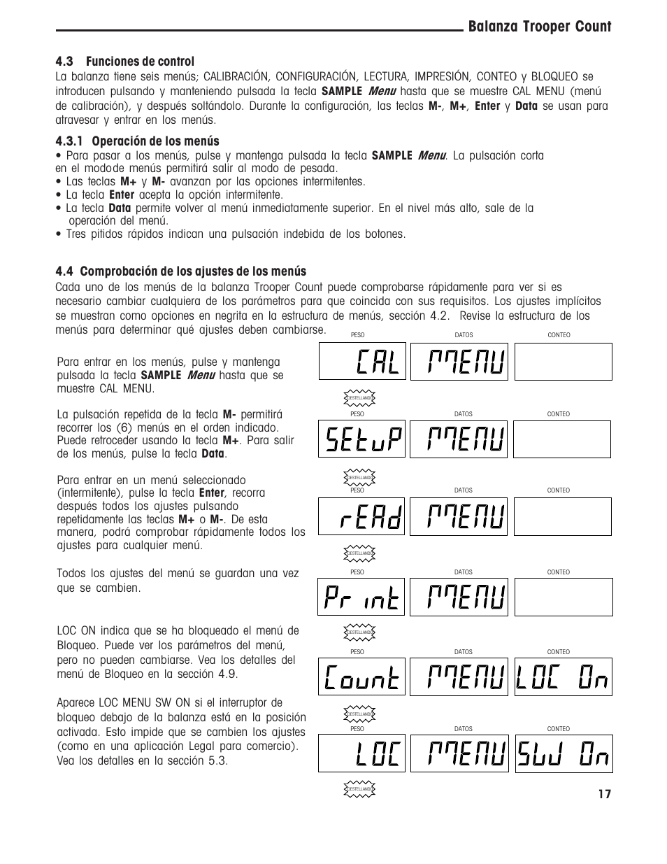 Balanza trooper count, 1 operación de los menús, 4 comprobación de los ajustes de los menús | 3 funciones de control | Ohaus TROOPER COMPACT COUNTING SCALES Manual multi User Manual | Page 54 / 104