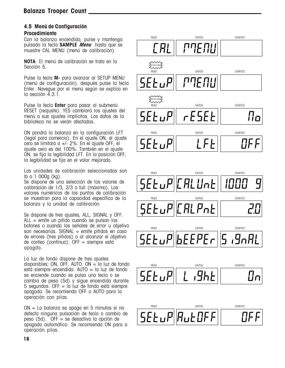 Balanza trooper count, 5 menú de configuración procedimiento | Ohaus TROOPER COMPACT COUNTING SCALES Manual multi User Manual | Page 55 / 104