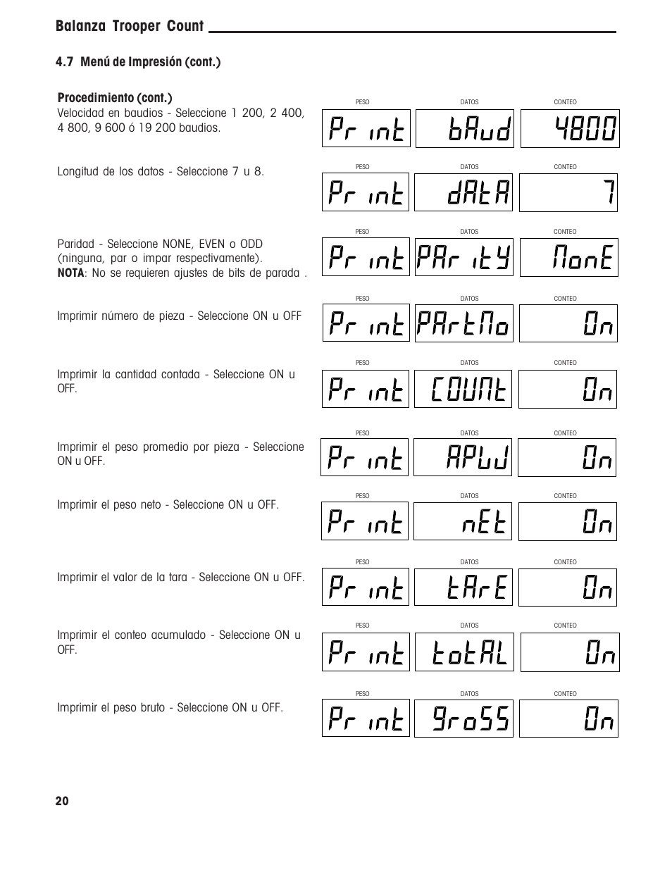Balanza trooper count, Procedimiento (cont.), 7 menú de impresión (cont.) | Ohaus TROOPER COMPACT COUNTING SCALES Manual multi User Manual | Page 57 / 104