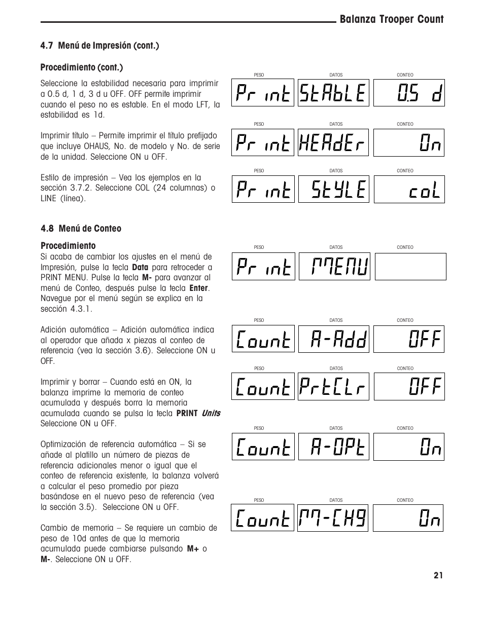 Balanza trooper count, 7 menú de impresión (cont.), 8 menú de conteo procedimiento | Procedimiento (cont.) | Ohaus TROOPER COMPACT COUNTING SCALES Manual multi User Manual | Page 58 / 104
