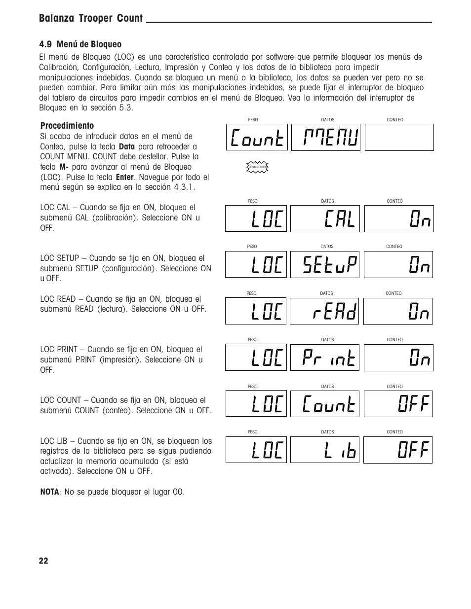 Balanza trooper count, Procedimiento, 9 menú de bloqueo | Ohaus TROOPER COMPACT COUNTING SCALES Manual multi User Manual | Page 59 / 104