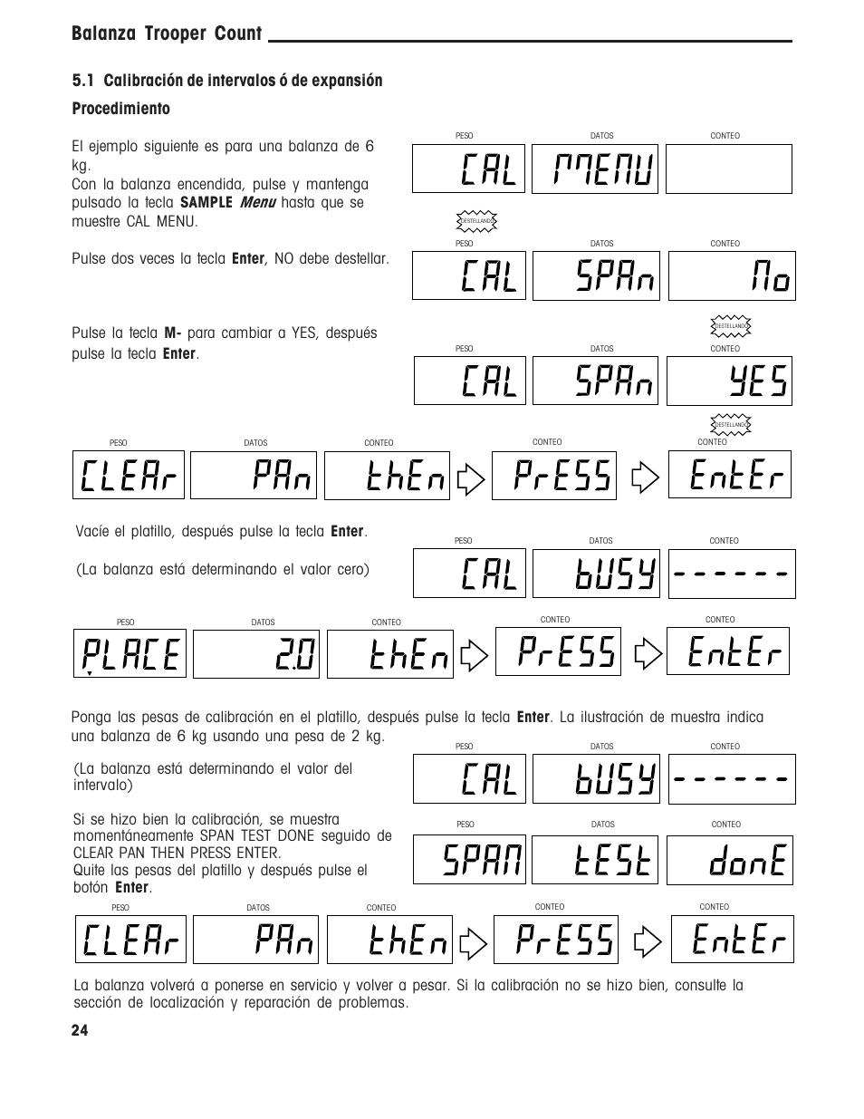 Balanza trooper count, Procedimiento, 1 calibración de intervalos ó de expansión | Ohaus TROOPER COMPACT COUNTING SCALES Manual multi User Manual | Page 61 / 104