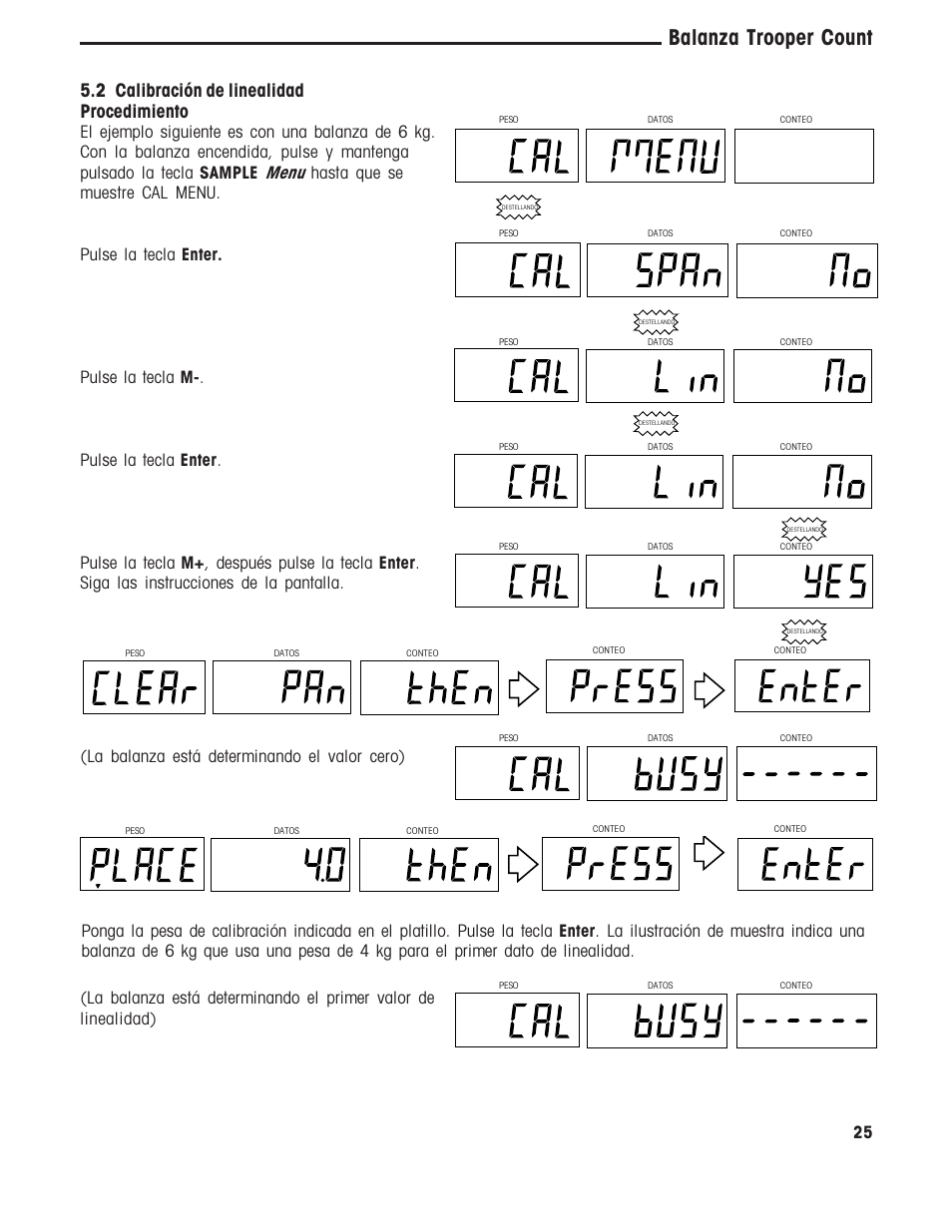 Balanza trooper count, Procedimiento, 2 calibración de linealidad | Ohaus TROOPER COMPACT COUNTING SCALES Manual multi User Manual | Page 62 / 104