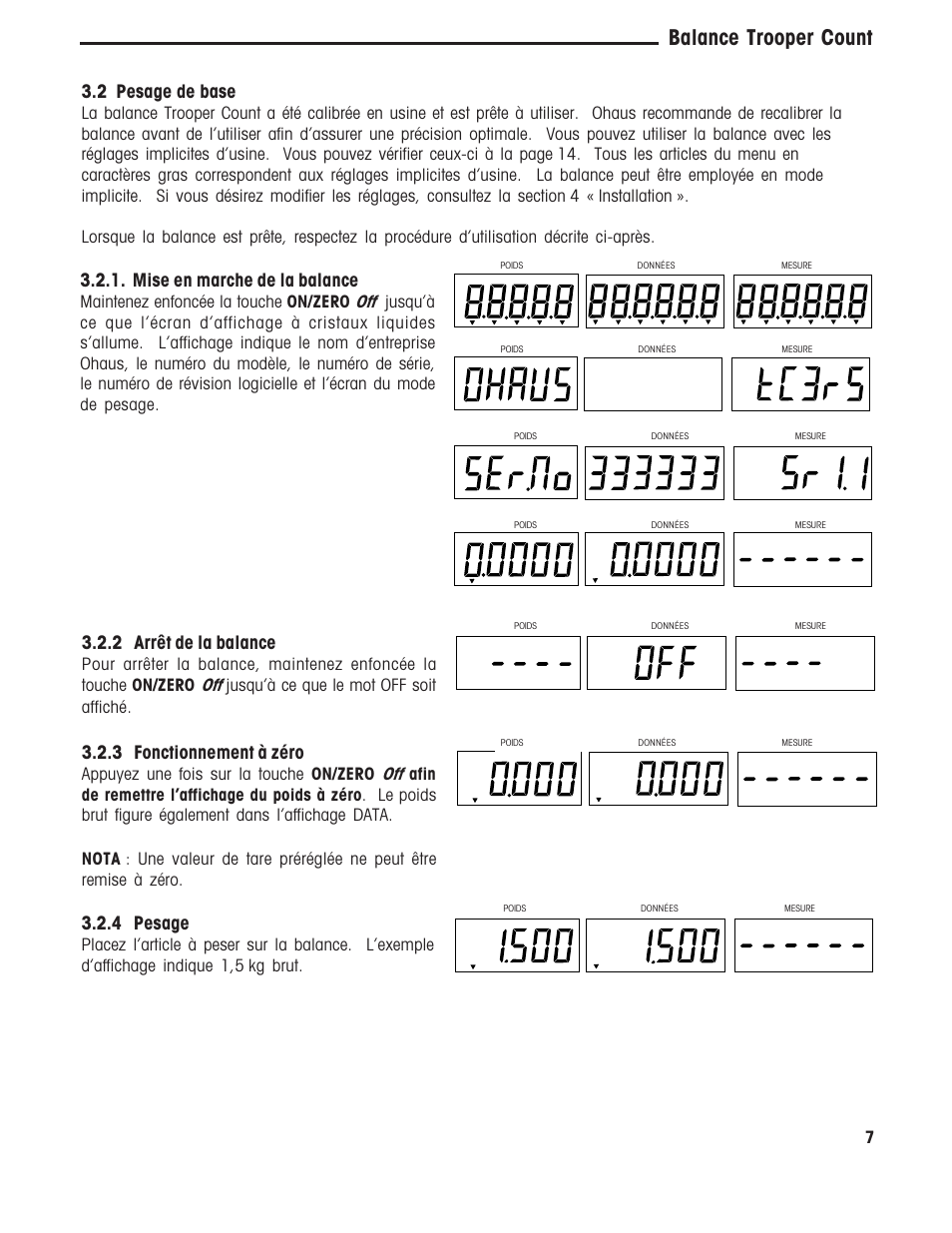 Balance trooper count, 2 pesage de base, Mise en marche de la balance | 2 arrêt de la balance, 3 fonctionnement à zéro, 4 pesage | Ohaus TROOPER COMPACT COUNTING SCALES Manual multi User Manual | Page 77 / 104