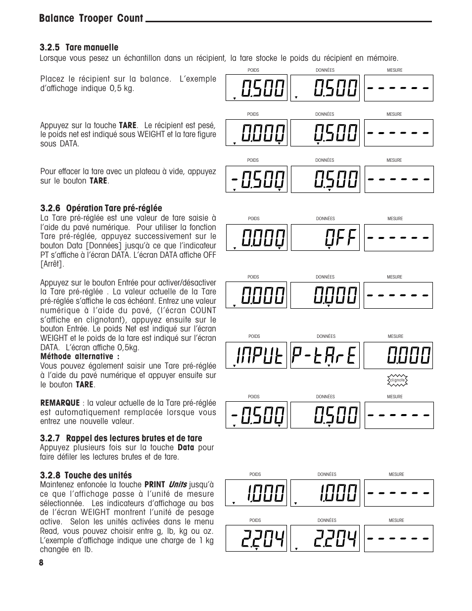 Balance trooper count, 6 opération tare pré-réglée, 7 rappel des lectures brutes et de tare | 8 touche des unités, 5 tare manuelle | Ohaus TROOPER COMPACT COUNTING SCALES Manual multi User Manual | Page 78 / 104