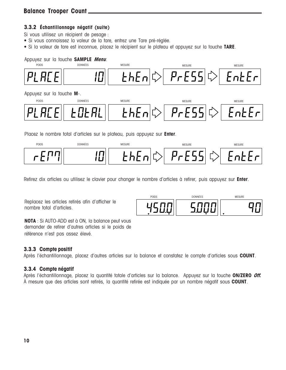 Balance trooper count, 3 compte positif, 4 compte négatif | Échantillonnage négatif (suite) | Ohaus TROOPER COMPACT COUNTING SCALES Manual multi User Manual | Page 80 / 104
