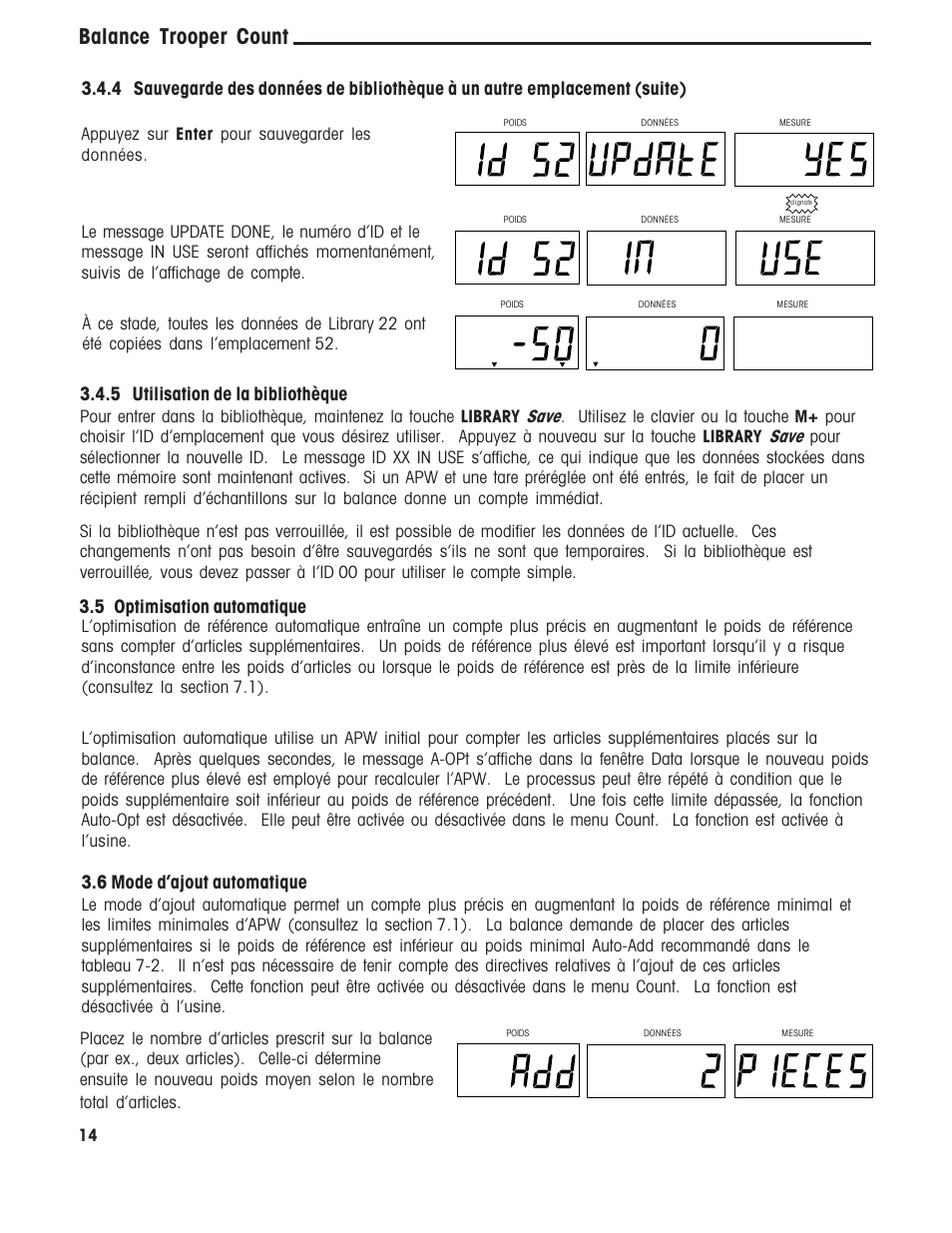 Balance trooper count, 5 optimisation automatique, 6 mode dajout automatique | 5 utilisation de la bibliothèque | Ohaus TROOPER COMPACT COUNTING SCALES Manual multi User Manual | Page 84 / 104