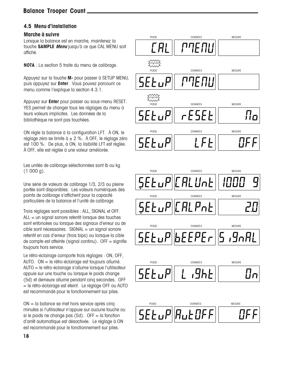 Balance trooper count, 5 menu dinstallation marche à suivre | Ohaus TROOPER COMPACT COUNTING SCALES Manual multi User Manual | Page 88 / 104