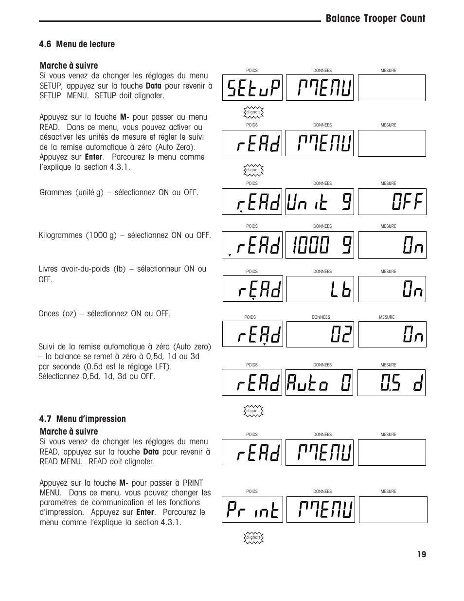 Balance trooper count, Marche à suivre, 6 menu de lecture | 7 menu dimpression | Ohaus TROOPER COMPACT COUNTING SCALES Manual multi User Manual | Page 89 / 104