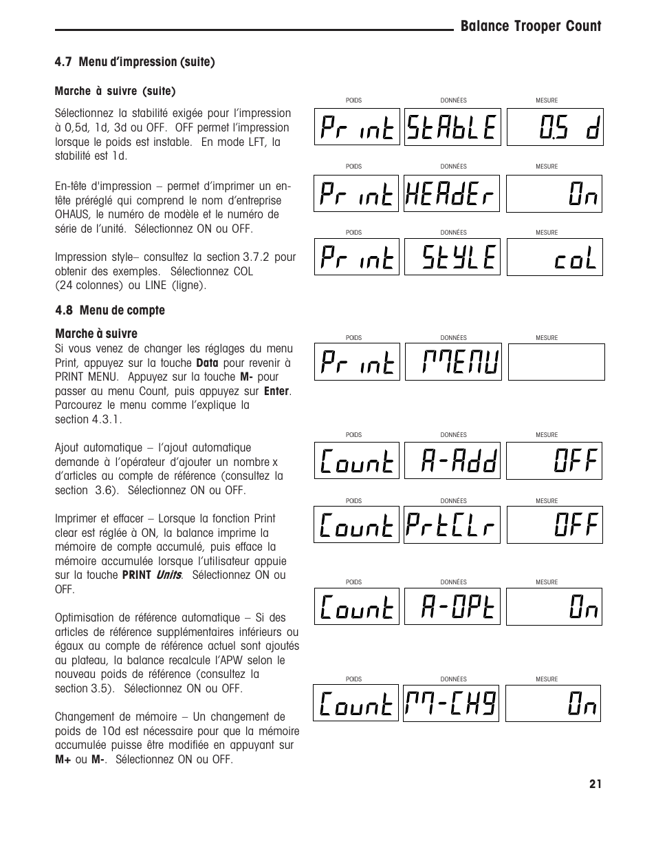 Balance trooper count, 7 menu dimpression (suite), 8 menu de compte marche à suivre | Marche à suivre (suite) | Ohaus TROOPER COMPACT COUNTING SCALES Manual multi User Manual | Page 91 / 104