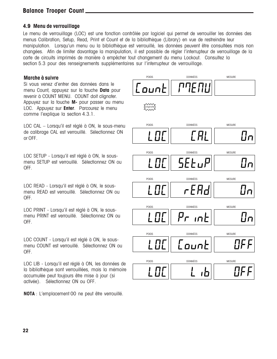 Balance trooper count, Marche à suivre, 9 menu de verrouillage | Ohaus TROOPER COMPACT COUNTING SCALES Manual multi User Manual | Page 92 / 104