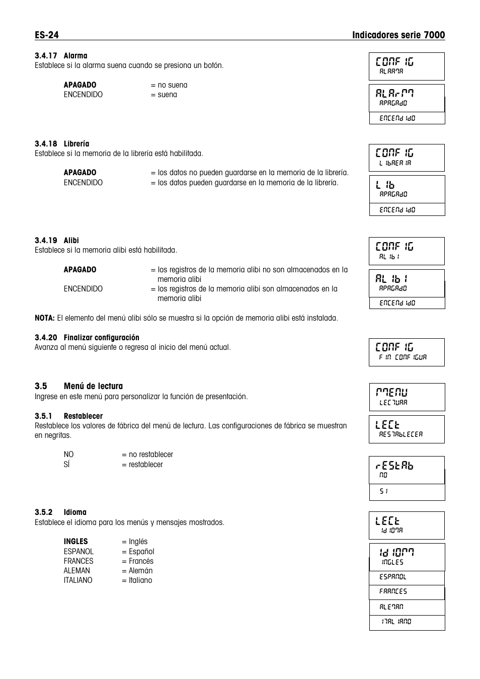 Config, Mmenu, Lect | Restab, Idiomm, Alarmm, Alibi | Ohaus DEFENDER 7000 BENCH SCALES Manual es User Manual | Page 26 / 80