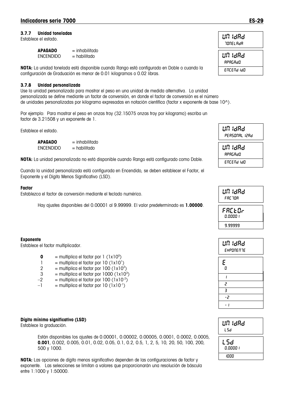 Unidad, Factor | Ohaus DEFENDER 7000 BENCH SCALES Manual es User Manual | Page 31 / 80