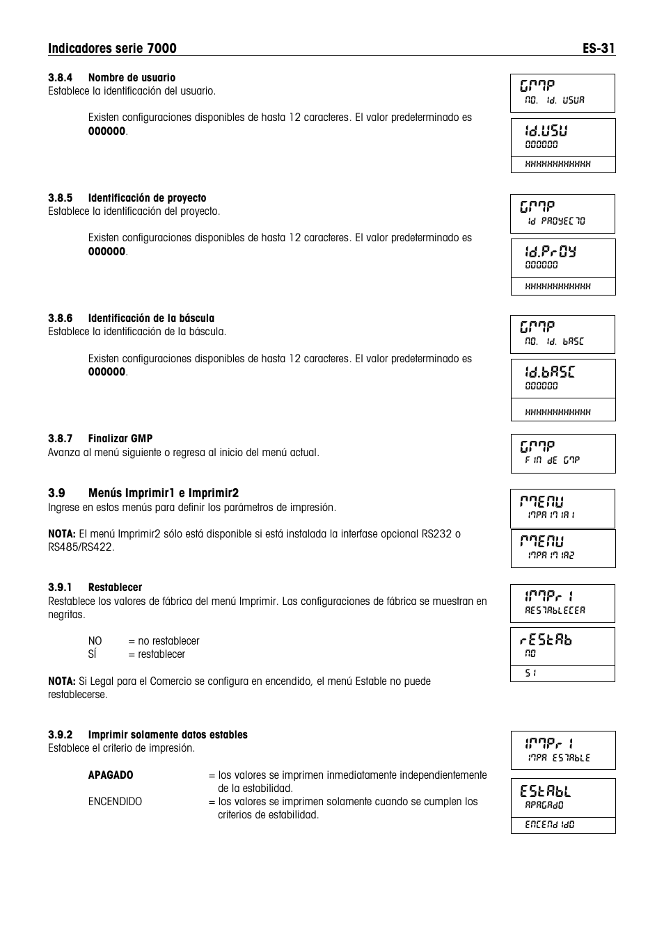 Gmmp, Mmenu, Immpr1 | Restab, Establ, Id.proy, Id.basc | Ohaus DEFENDER 7000 BENCH SCALES Manual es User Manual | Page 33 / 80