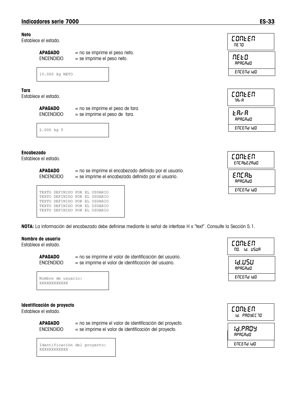 Neto, Conten, Tara | Encab, Id.proy | Ohaus DEFENDER 7000 BENCH SCALES Manual es User Manual | Page 35 / 80