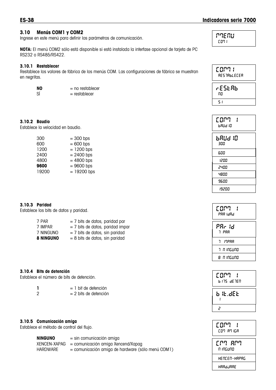 Comm 1, Parid, Bit.det | Cmm amm, Mmenu, Comm1, Restab, Baudio | Ohaus DEFENDER 7000 BENCH SCALES Manual es User Manual | Page 40 / 80