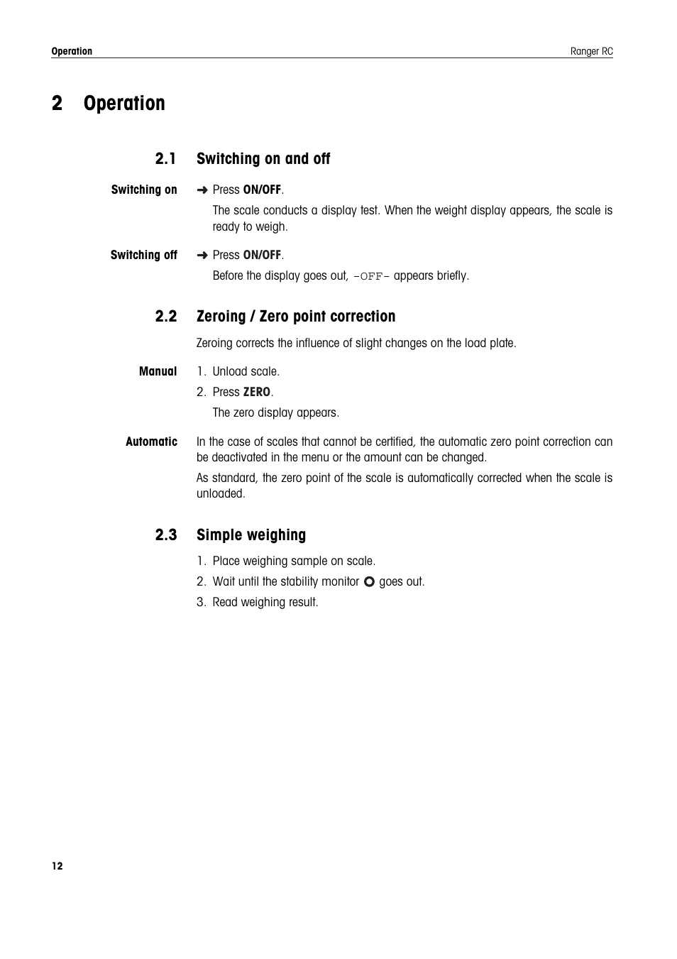 2 operation, 1 switching on and off, 2 zeroing / zero point correction | 3 simple weighing, Operation, Switching on and off, Zeroing / zero point correction, Simple weighing | Ohaus RANGER COMPACT COUNTING SCALES Manual en User Manual | Page 12 / 58