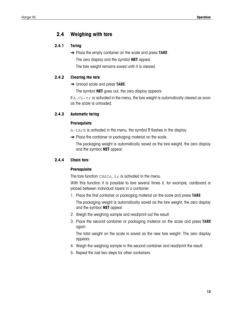 4 weighing with tare, 1 taring, 2 clearing the tare | 3 automatic taring, 4 chain tare, Weighing with tare | Ohaus RANGER COMPACT COUNTING SCALES Manual en User Manual | Page 13 / 58