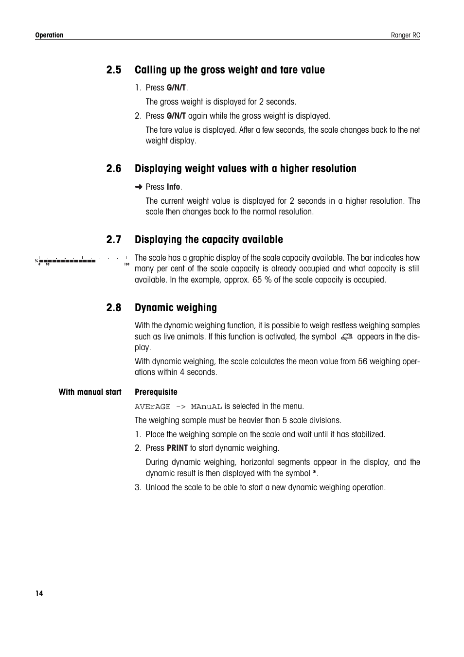 5 calling up the gross weight and tare value, 7 displaying the capacity available, 8 dynamic weighing | Calling up the gross weight and tare value, Displaying weight values with a higher resolution, Displaying the capacity available, Dynamic weighing | Ohaus RANGER COMPACT COUNTING SCALES Manual en User Manual | Page 14 / 58