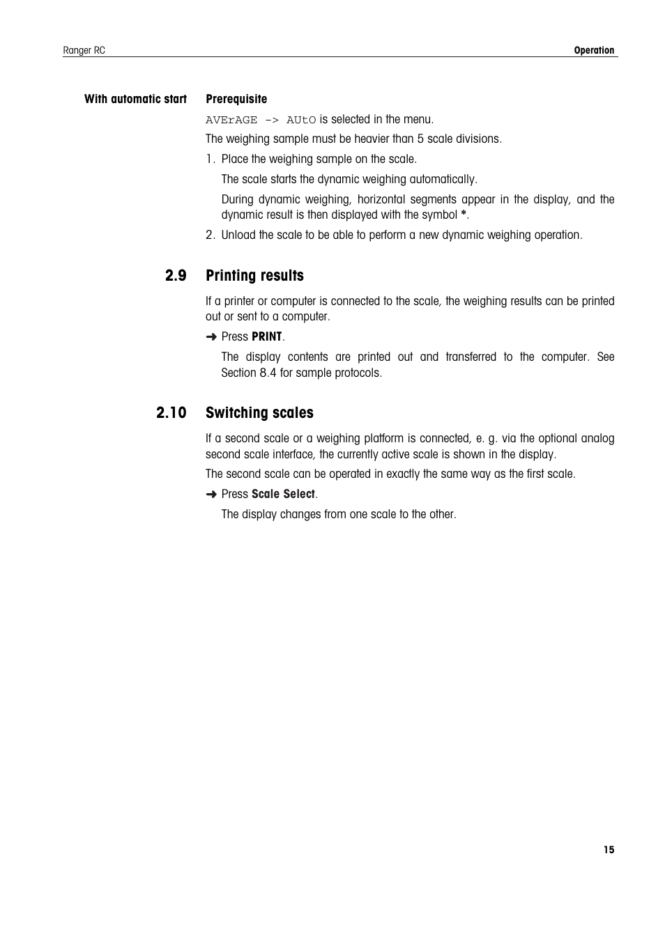 9 printing results, 10 switching scales, Printing results | Switching scales | Ohaus RANGER COMPACT COUNTING SCALES Manual en User Manual | Page 15 / 58