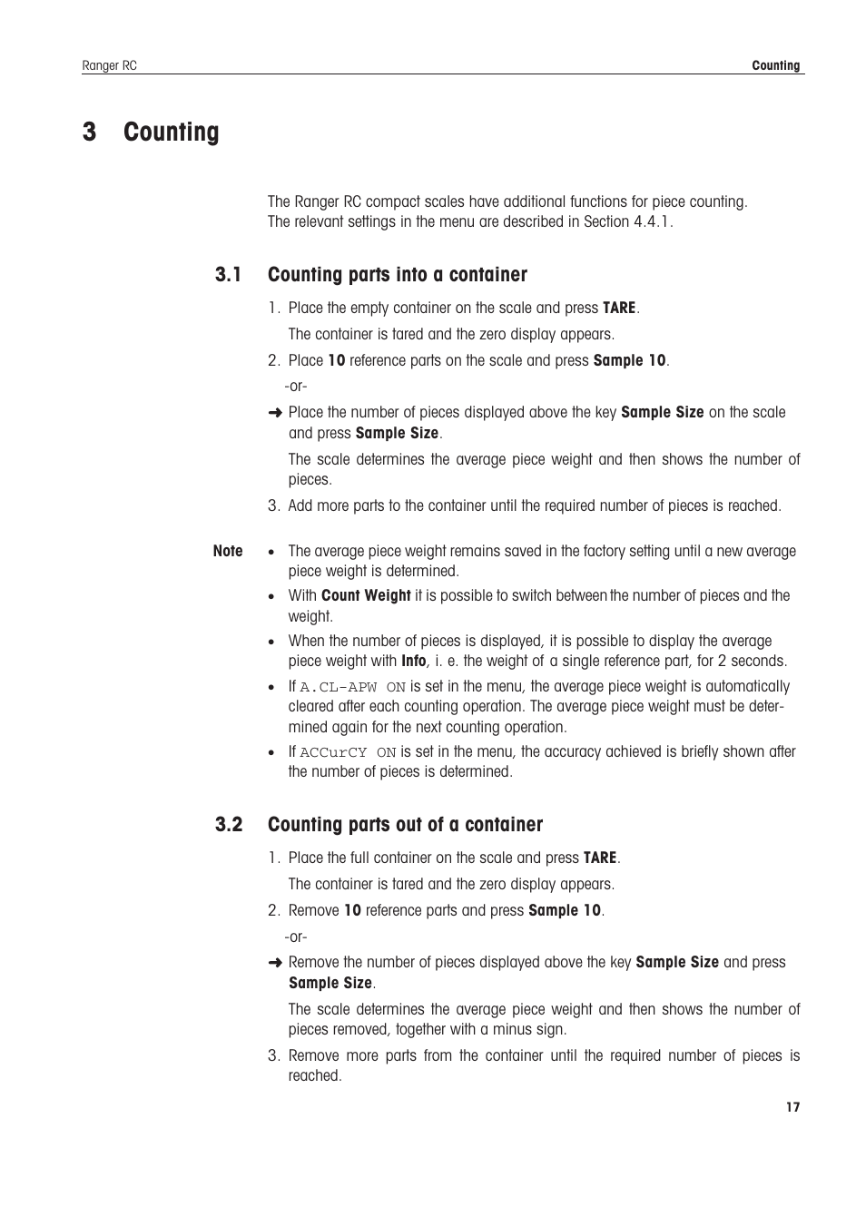 3 counting, 1 counting parts into a container, 2 counting parts out of a container | Counting, Counting parts into a container, Counting parts out of a container | Ohaus RANGER COMPACT COUNTING SCALES Manual en User Manual | Page 17 / 58