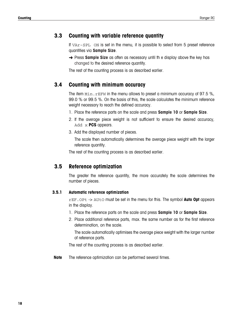 3 counting with variable reference quantity, 4 counting with minimum accuracy, 5 reference optimization | 1 automatic reference optimization, Counting with variable reference quantity, Counting with minimum accuracy, Reference optimization | Ohaus RANGER COMPACT COUNTING SCALES Manual en User Manual | Page 18 / 58