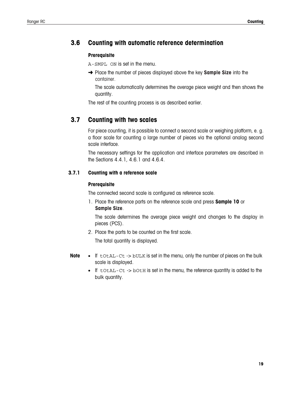 6 counting with automatic reference determination, 7 counting with two scales, 1 counting with a reference scale | Counting with automatic reference determination, Counting with two scales | Ohaus RANGER COMPACT COUNTING SCALES Manual en User Manual | Page 19 / 58