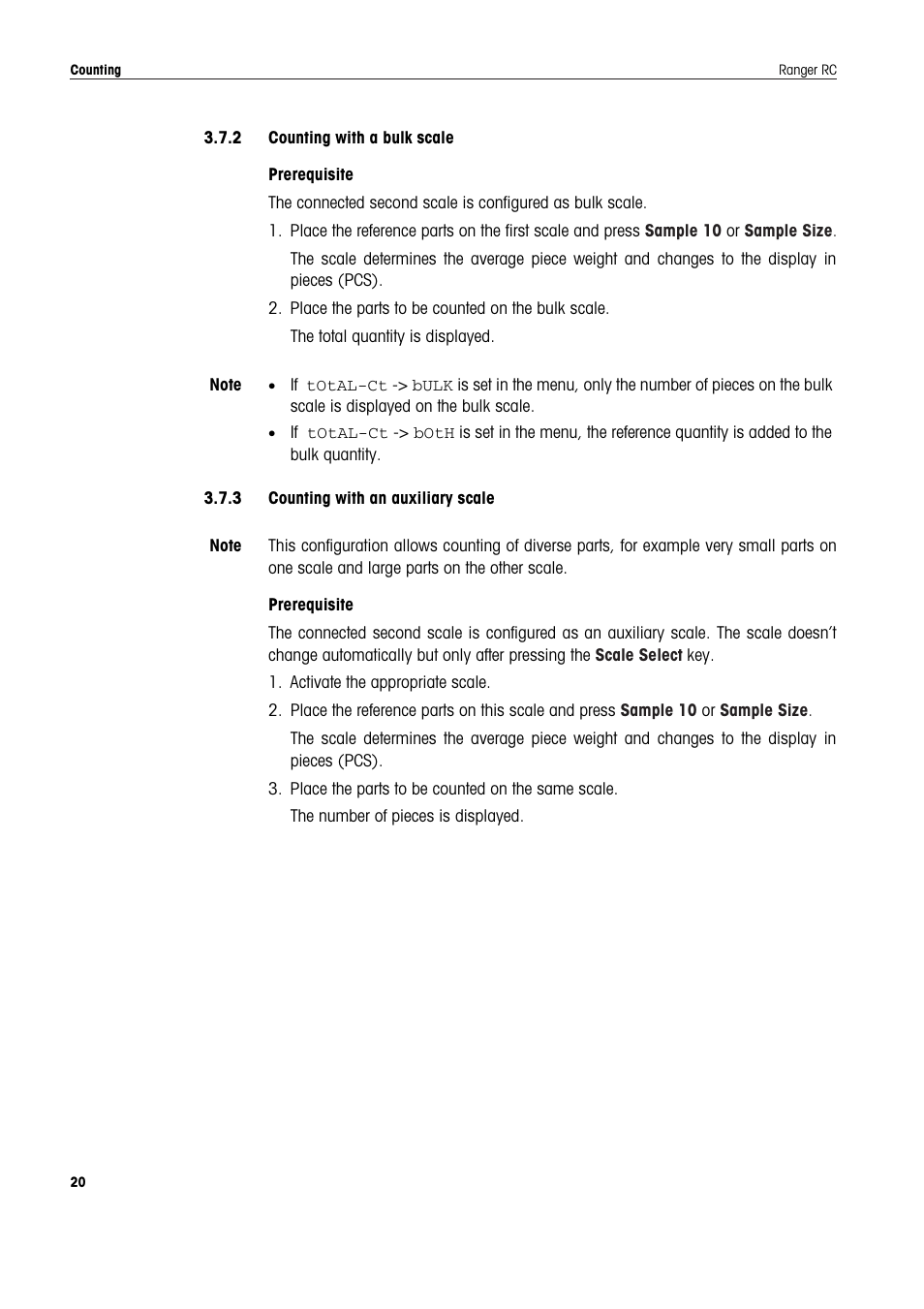 2 counting with a bulk scale, 3 counting with an auxiliary scale | Ohaus RANGER COMPACT COUNTING SCALES Manual en User Manual | Page 20 / 58