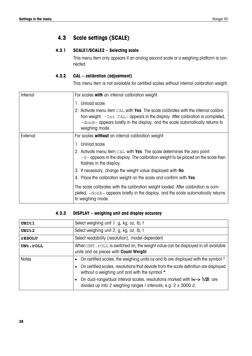 3 scale settings (scale), 1 scale1/scale2 - selecting scale, 2 cal - calibration (adjustment) | 3 display - weighing unit and display accuracy, Scale settings (scale) | Ohaus RANGER COMPACT COUNTING SCALES Manual en User Manual | Page 26 / 58