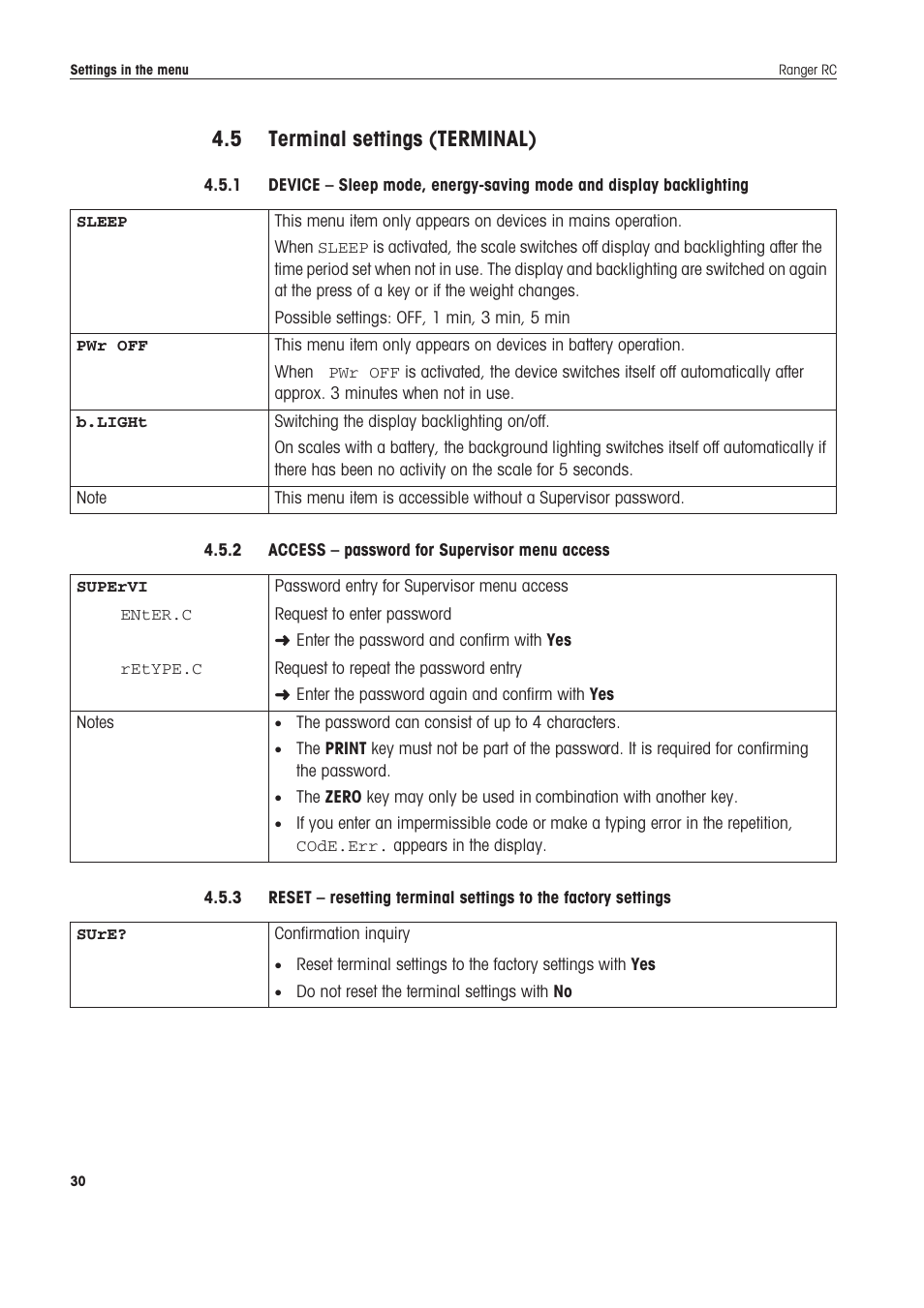 5 terminal settings (terminal), 2 access - password for supervisor menu access, Terminal settings (terminal) | Ohaus RANGER COMPACT COUNTING SCALES Manual en User Manual | Page 30 / 58