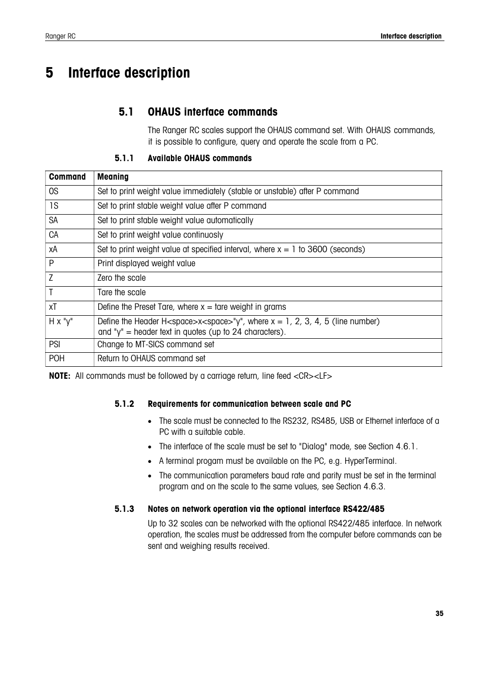 5 interface description, 1 ohaus interface commands | Ohaus RANGER COMPACT COUNTING SCALES Manual en User Manual | Page 35 / 58