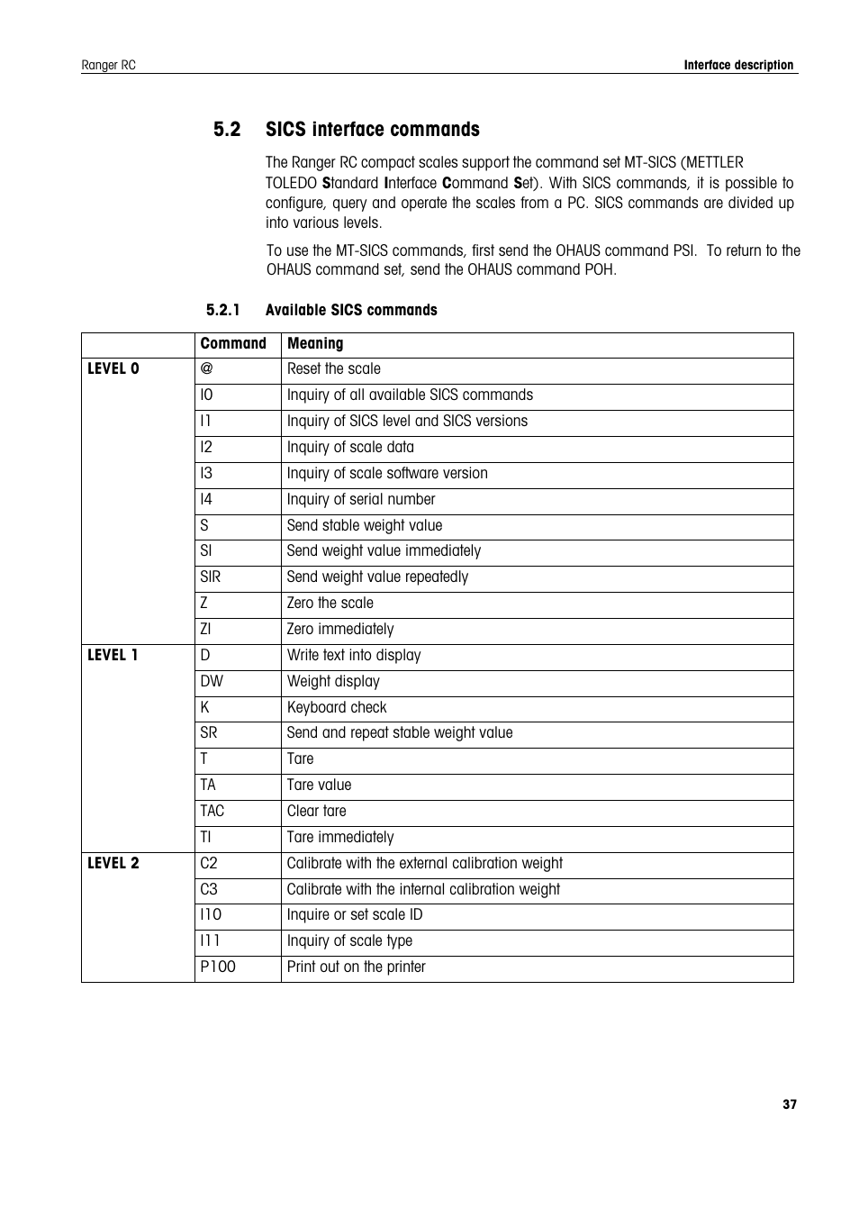 2 sics interface commands, Interface description, Ohaus interface commands | Ohaus RANGER COMPACT COUNTING SCALES Manual en User Manual | Page 37 / 58
