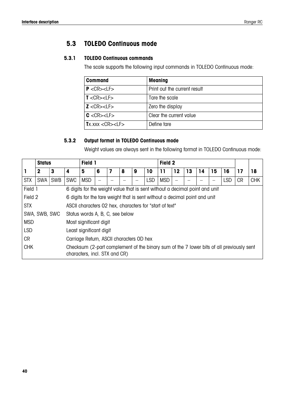3 toledo continuous mode, Sics interface commands | Ohaus RANGER COMPACT COUNTING SCALES Manual en User Manual | Page 40 / 58