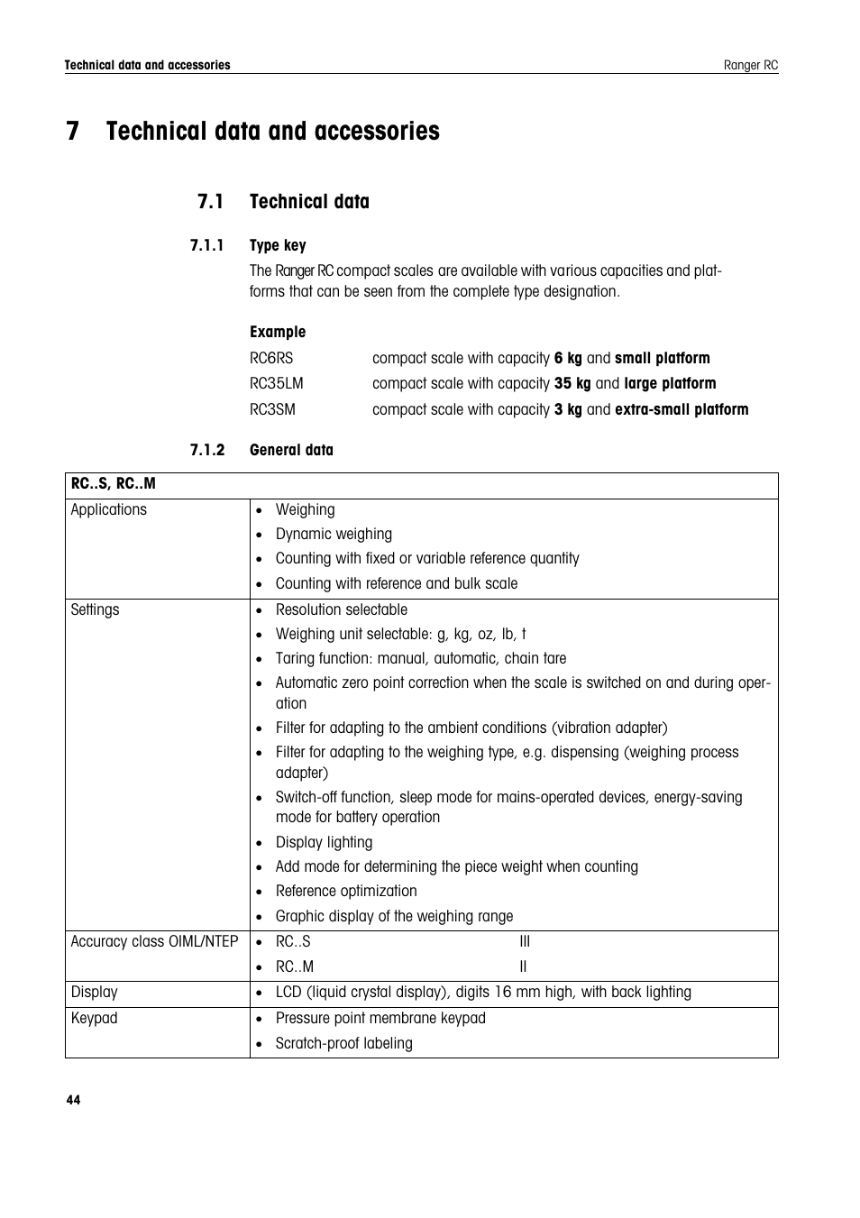 7 technical data and accessories, 1 technical data, 1 type key | 2 general data, Technical data and accessories | Ohaus RANGER COMPACT COUNTING SCALES Manual en User Manual | Page 44 / 58