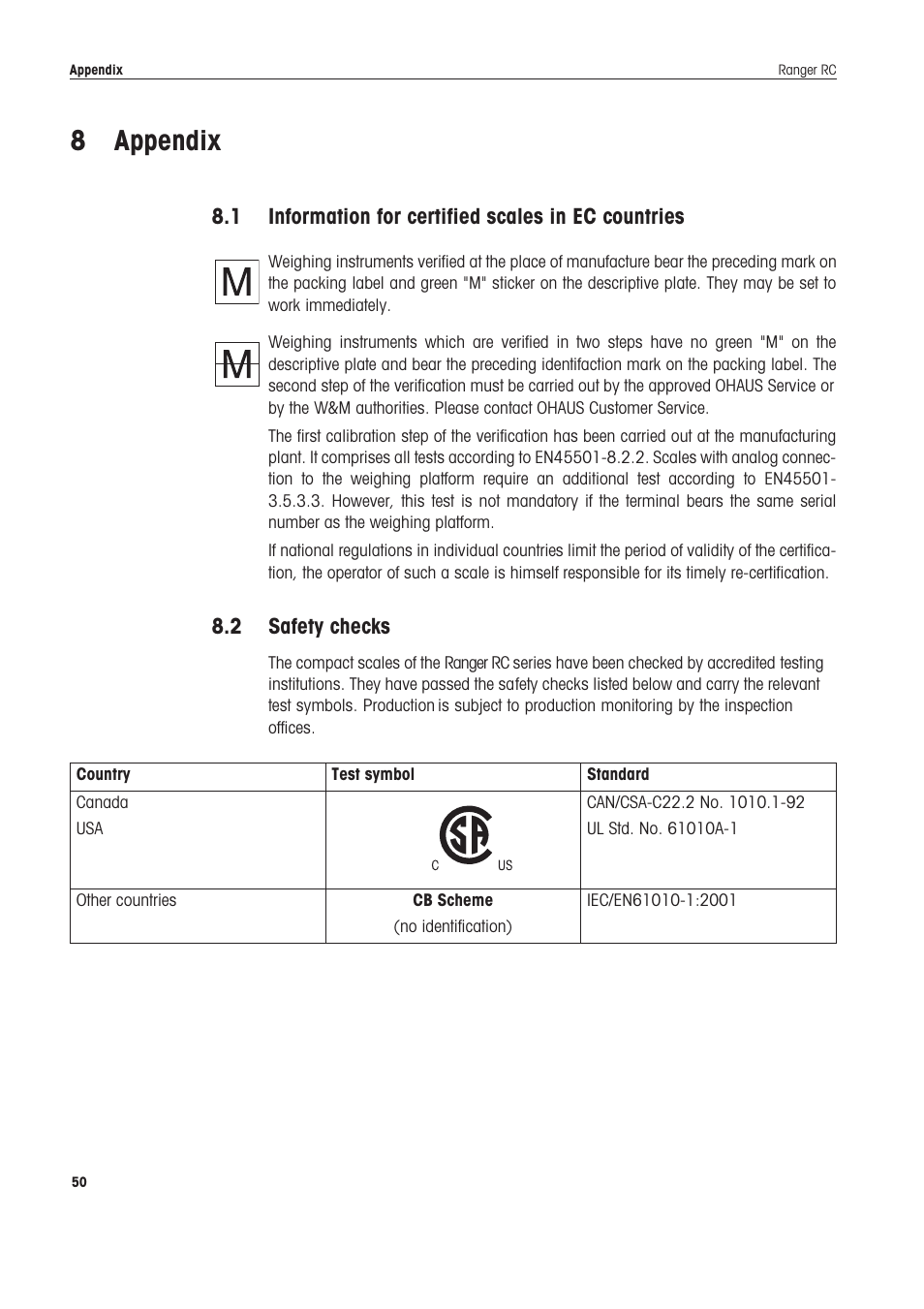 8 appendix, 1 information for certified scales in ec countries, 2 safety checks | Appendix, Information for certified scales in ec countries, Safety checks | Ohaus RANGER COMPACT COUNTING SCALES Manual en User Manual | Page 50 / 58