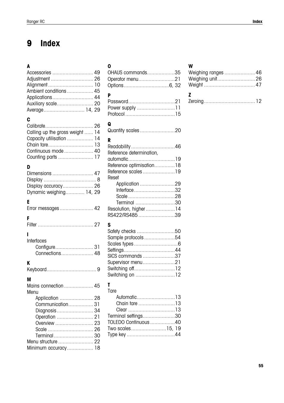 9 index, Index | Ohaus RANGER COMPACT COUNTING SCALES Manual en User Manual | Page 55 / 58