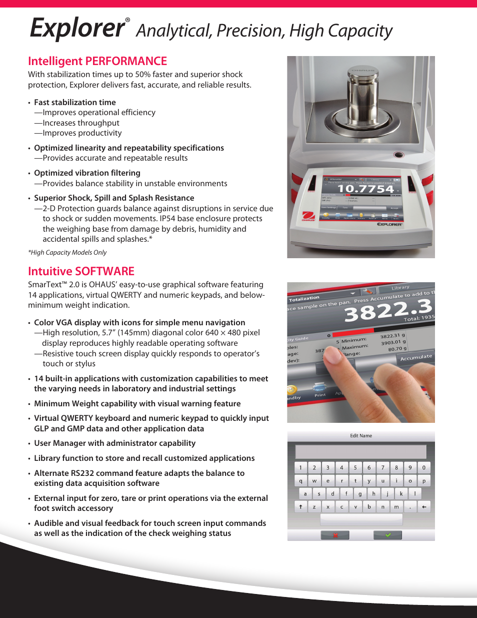 Explorer, Analytical, precision, high capacity, Intelligent performance | Intuitive software | Ohaus EXPLORER PRECISION HIGH CAPACITY BALANCES Data Sheet User Manual | Page 2 / 8
