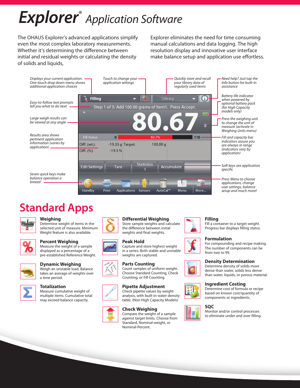 Explorer, Application software, Standard apps | Ohaus EXPLORER PRECISION HIGH CAPACITY BALANCES Data Sheet User Manual | Page 6 / 8