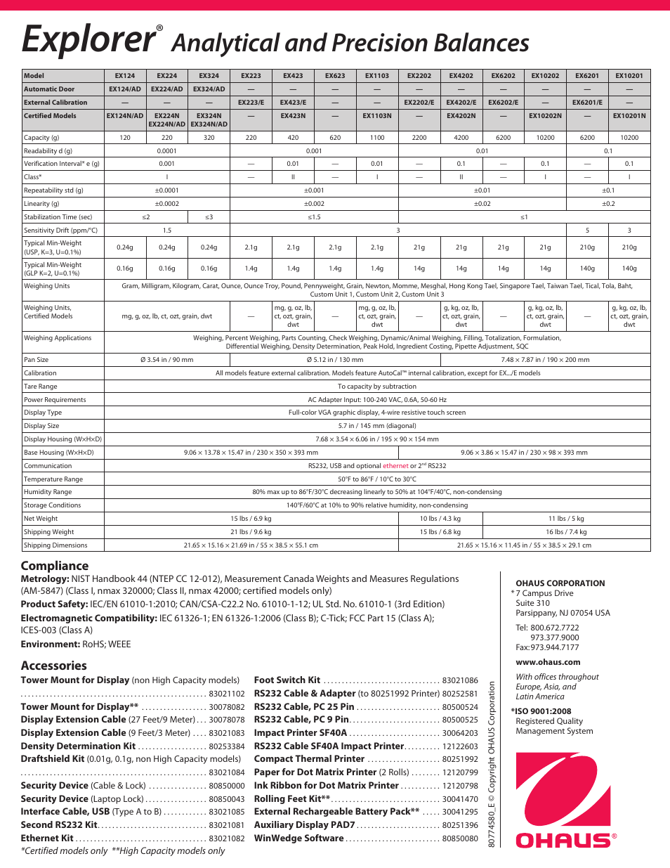 Explorer, Analytical and precision balances, Compliance | Accessories | Ohaus EXPLORER PRECISION HIGH CAPACITY BALANCES Data Sheet User Manual | Page 8 / 8